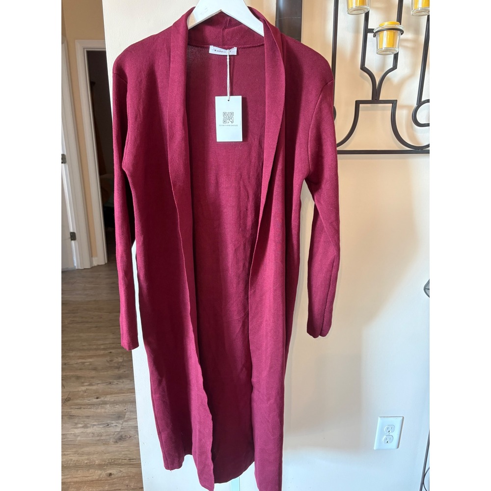 Katch Me Womens Burgundy Ribbed Knit Longline Open Front Duster Cardigan Sweater